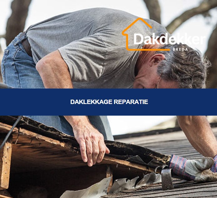 Het proces van het herstellen van een daklekkage, bijvoorbeeld door het vervangen van beschadigde dakpannen of het dichten van scheuren.