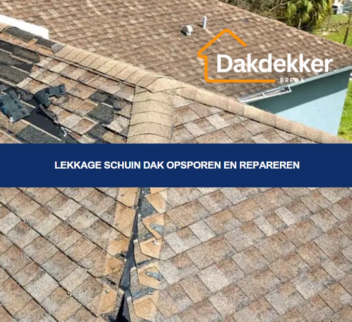 Waterinfiltratie bij een schuin dak, vaak veroorzaakt door versleten dakpannen, gebroken afdichting of slijtage.