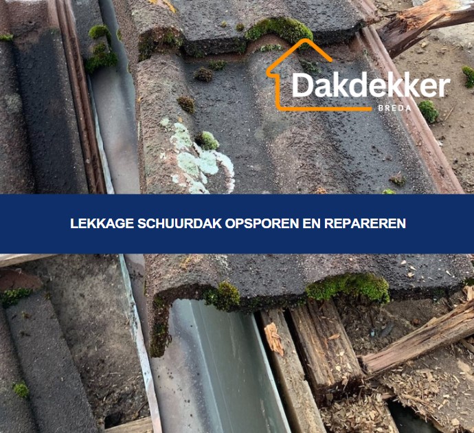 Lekkage in een schuurdak, meestal door verouderd materiaal of onvoldoende waterdichte afdichting.